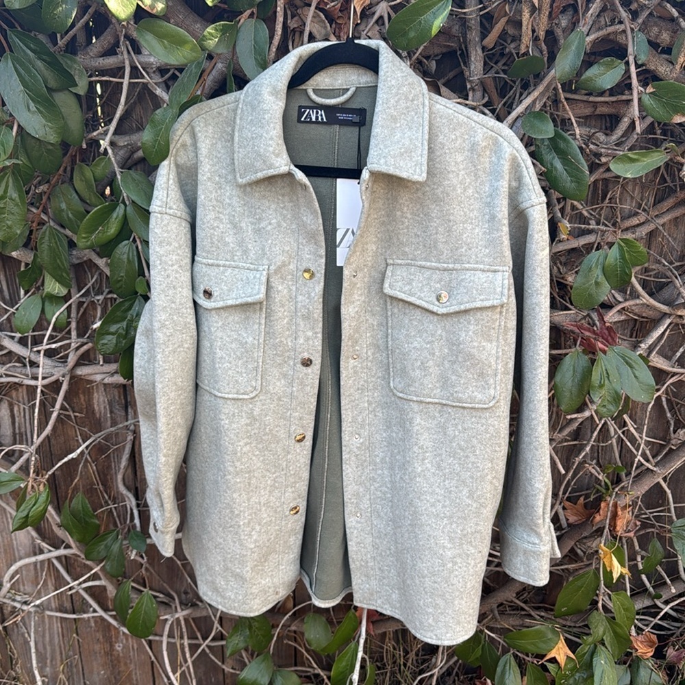 Zara Light Green Fleece Jacket Shacket Size Small Oversized Boxy Nwt